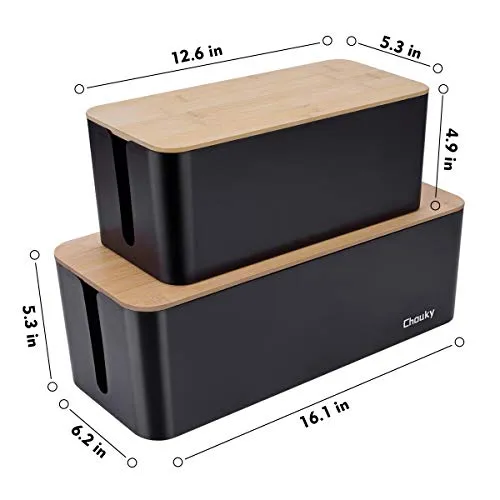 2 Pack Large Cable Management Box – Wooden Style Cord Organizer Box and Cover for TV Wires, Computer, Router, USB Hub and Under Desk Power Strip – Safe ABS Material and Baby-Pets Proof Lock (Black)