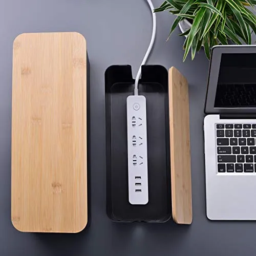 2 Pack Large Cable Management Box – Wooden Style Cord Organizer Box and Cover for TV Wires, Computer, Router, USB Hub and Under Desk Power Strip – Safe ABS Material and Baby-Pets Proof Lock (Black)