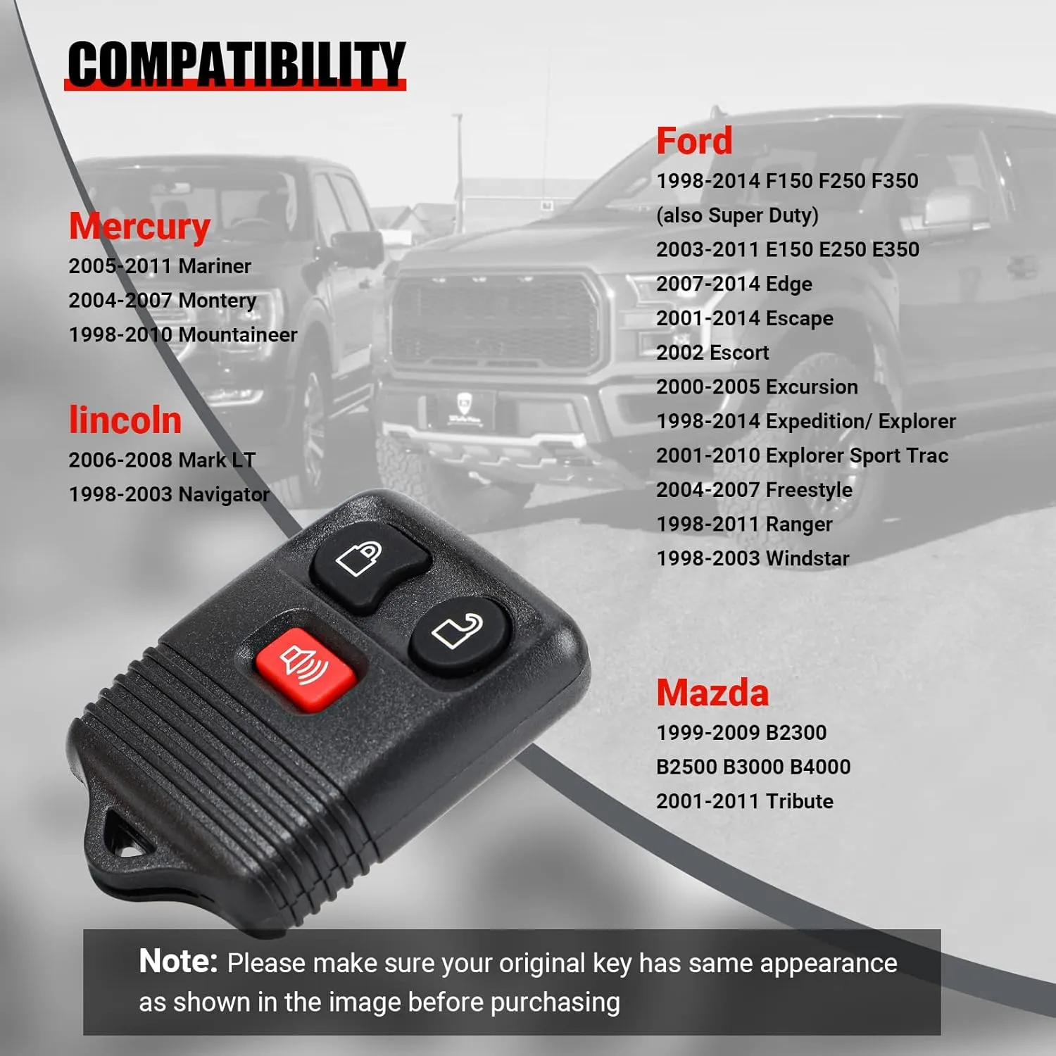 2 Replacement Keyless Entry Remote Key Fob Clicker Transmitter for Ford 1998-2016