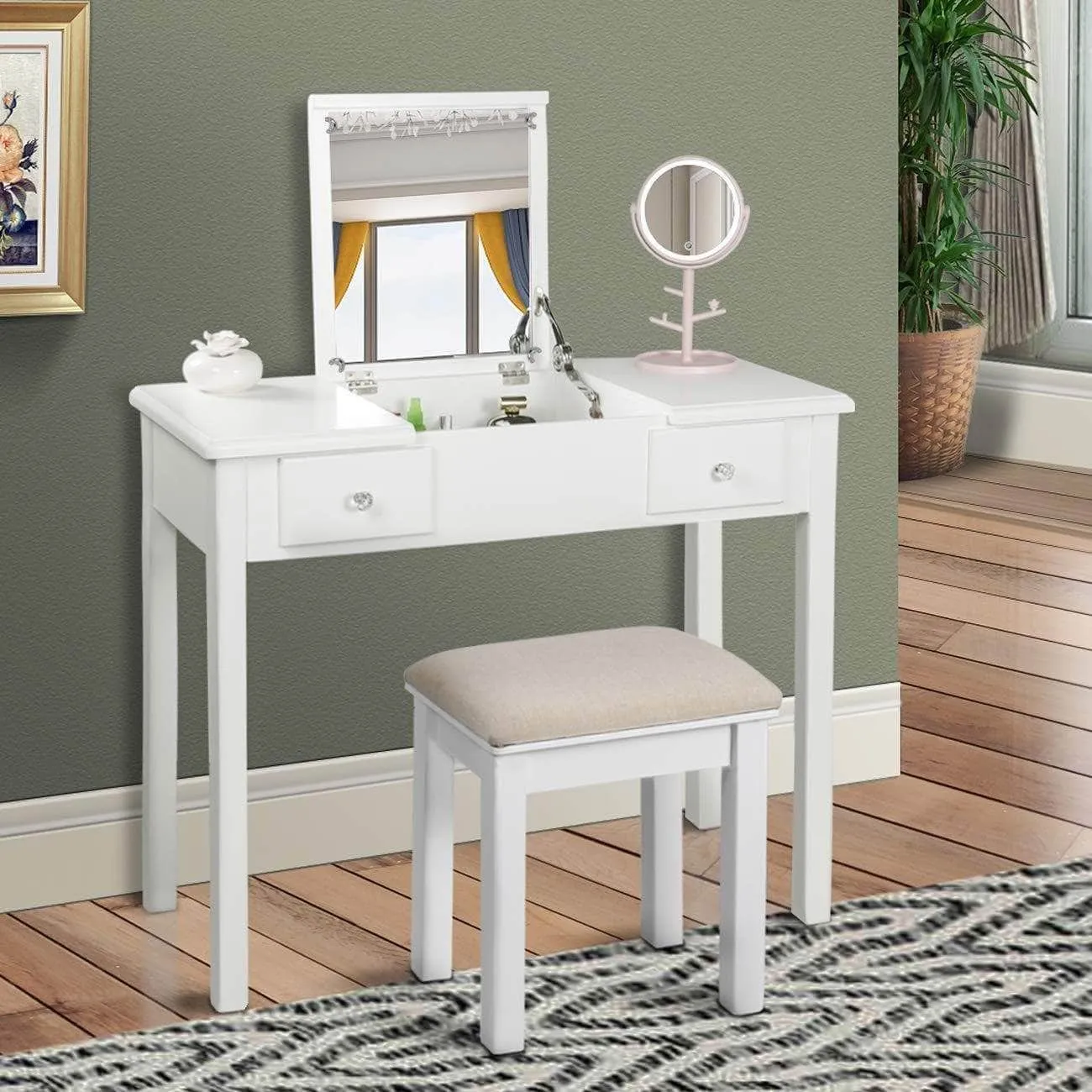 AODAILIHB Vanity Table with Flip Top Mirror Makeup Dressing Table Writing Desk with Cushioning Makeup Stool Set, 2 Drawers 3 Removable Organizers Easy Assembly (White)