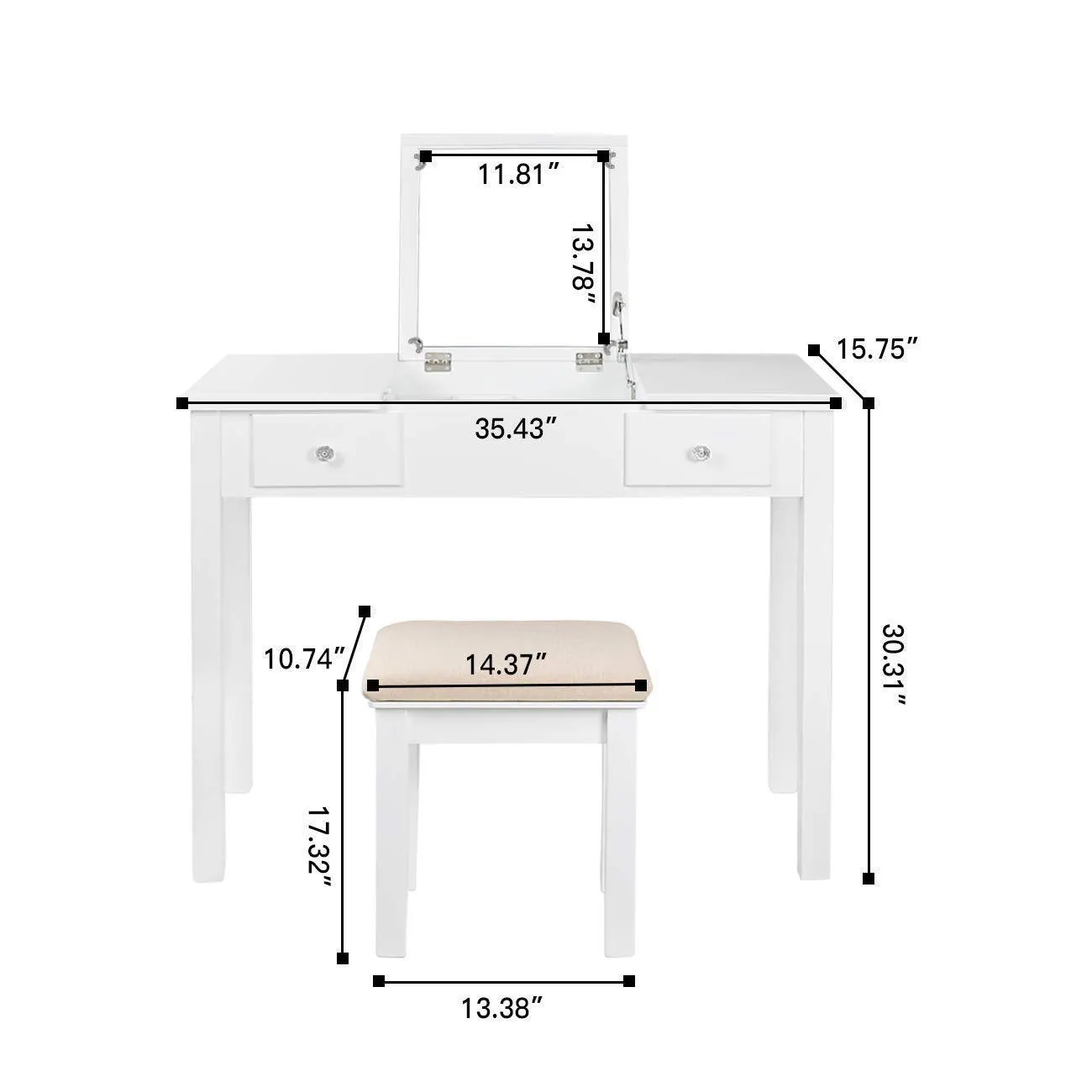 AODAILIHB Vanity Table with Flip Top Mirror Makeup Dressing Table Writing Desk with Cushioning Makeup Stool Set, 2 Drawers 3 Removable Organizers Easy Assembly (White)