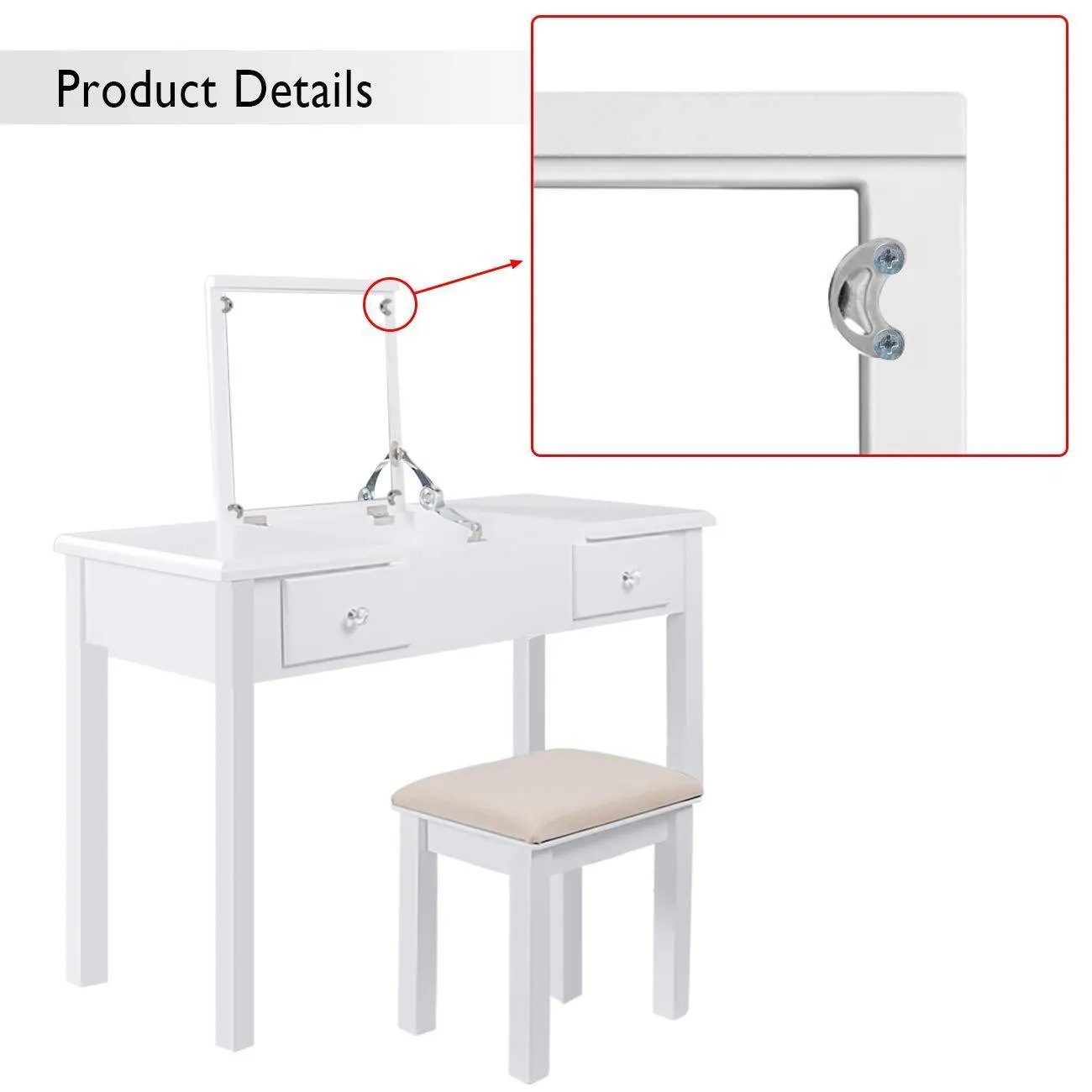 AODAILIHB Vanity Table with Flip Top Mirror Makeup Dressing Table Writing Desk with Cushioning Makeup Stool Set, 2 Drawers 3 Removable Organizers Easy Assembly (White)