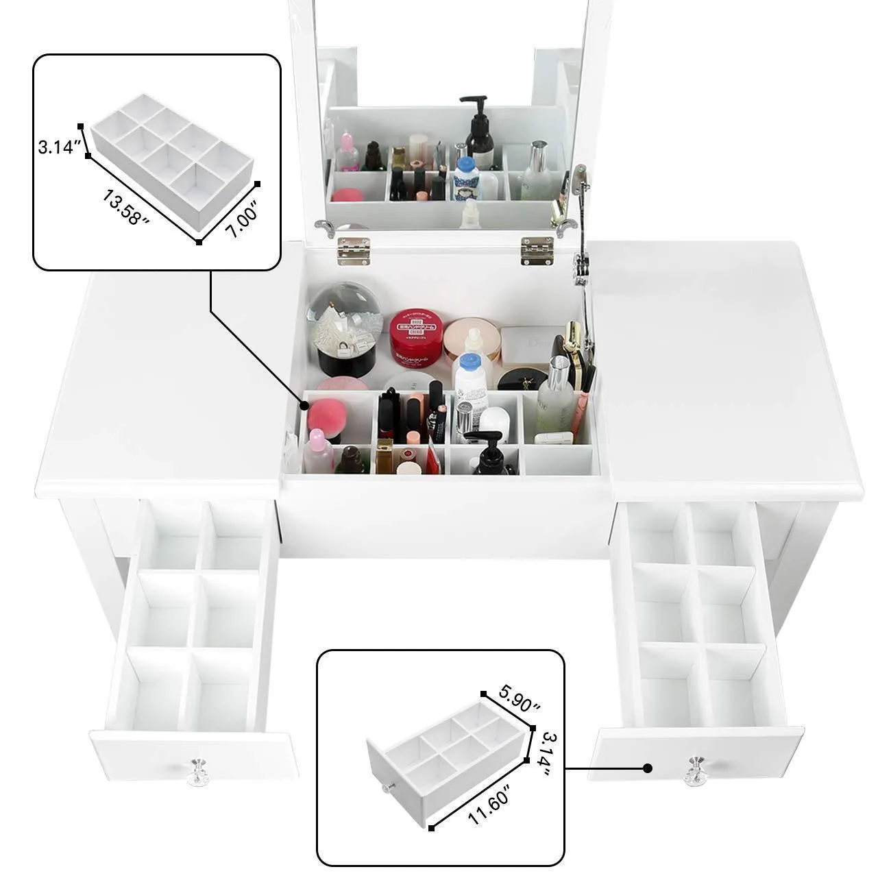 AODAILIHB Vanity Table with Flip Top Mirror Makeup Dressing Table Writing Desk with Cushioning Makeup Stool Set, 2 Drawers 3 Removable Organizers Easy Assembly (White)