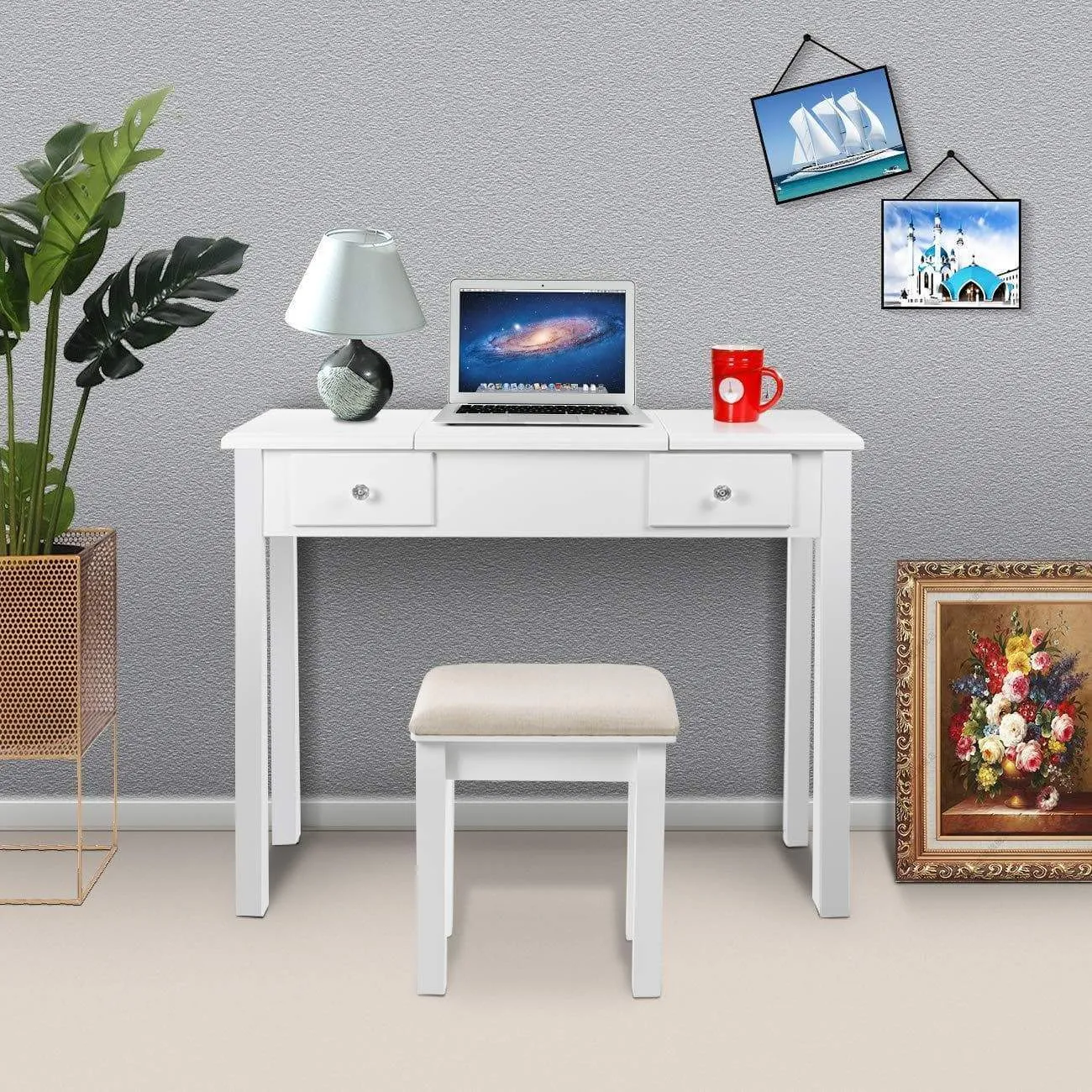 AODAILIHB Vanity Table with Flip Top Mirror Makeup Dressing Table Writing Desk with Cushioning Makeup Stool Set, 2 Drawers 3 Removable Organizers Easy Assembly (White)