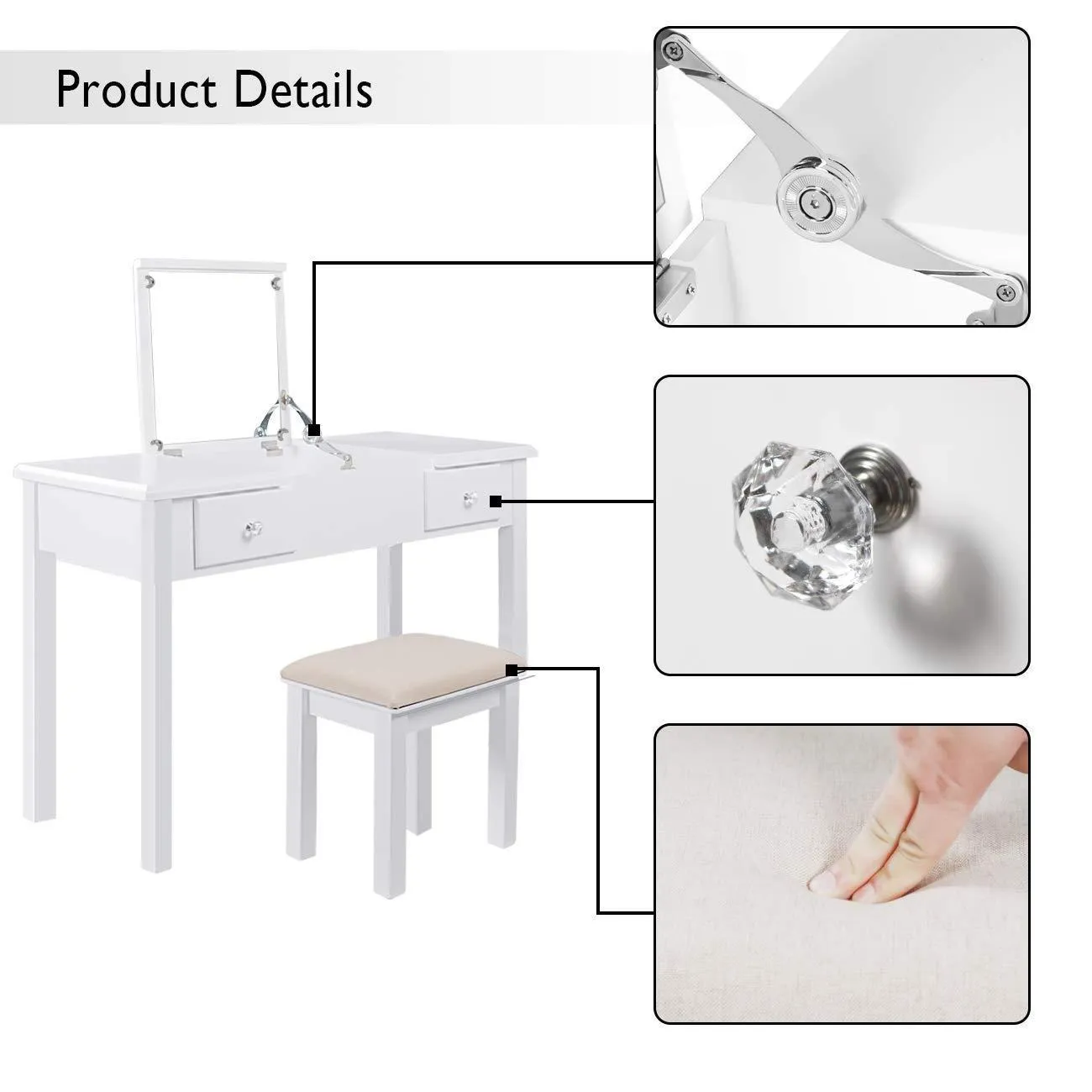 AODAILIHB Vanity Table with Flip Top Mirror Makeup Dressing Table Writing Desk with Cushioning Makeup Stool Set, 2 Drawers 3 Removable Organizers Easy Assembly (White)