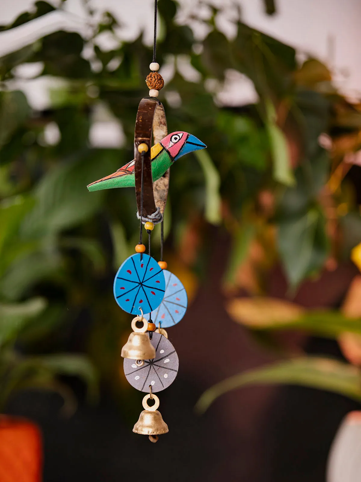 Circle Frame Bird With Blue Flower Bells Wind Chime