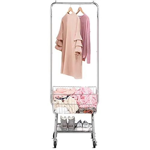 go2buy Standard Commerical Laundry Bulter Rolling Laundry Cart with Hanging Bar, Silver