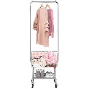 go2buy Standard Commerical Laundry Bulter Rolling Laundry Cart with Hanging Bar, Silver