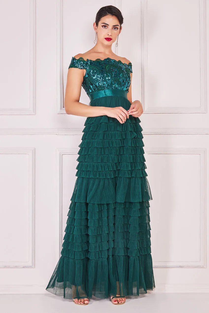Goddiva Sequin Embroidered Scallop Bardot Tiered Ruffles Maxi Dress