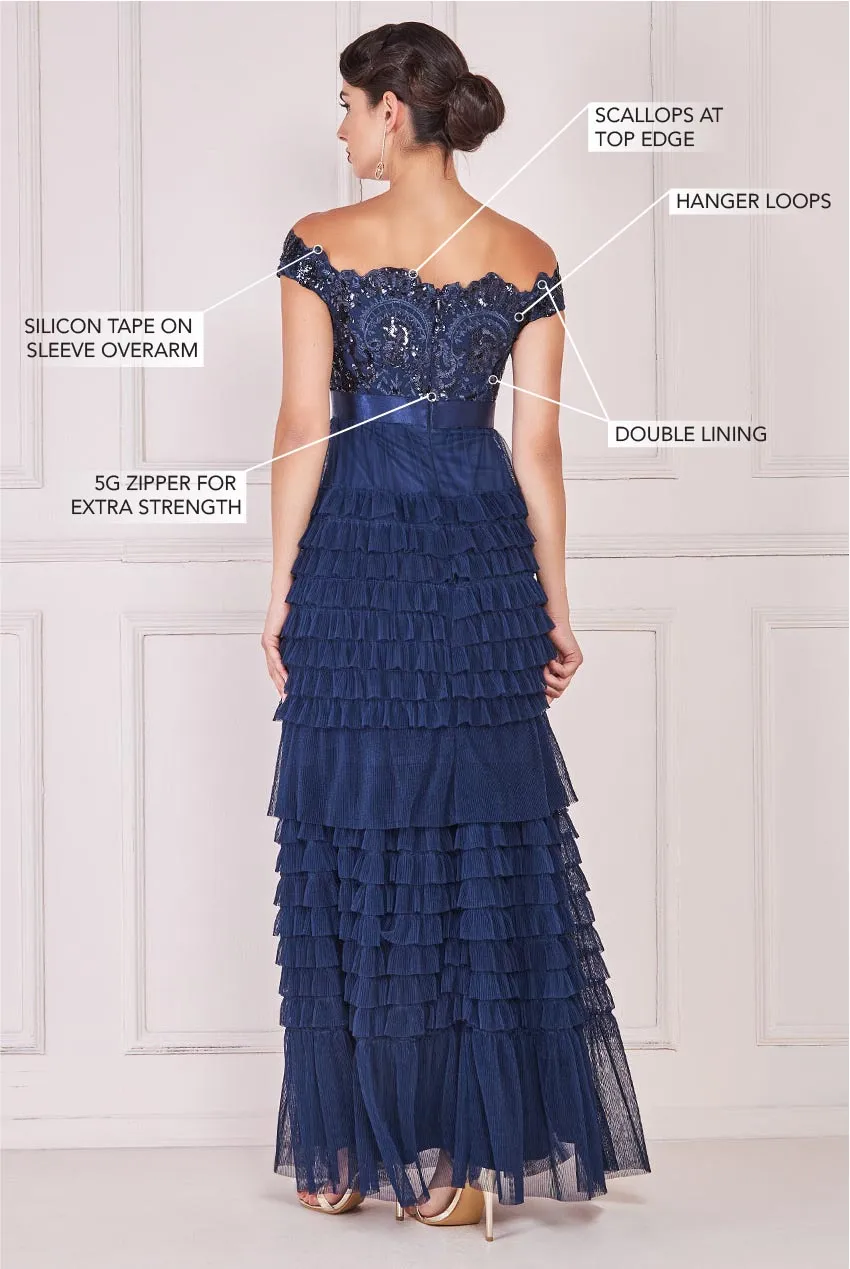 Goddiva Sequin Embroidered Scallop Bardot Tiered Ruffles Maxi Dress