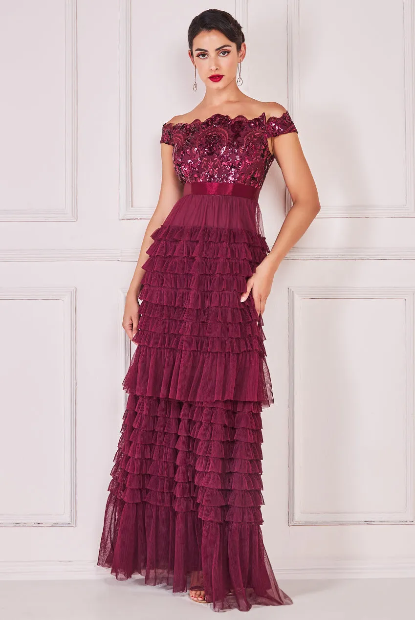 Goddiva Sequin Embroidered Scallop Bardot Tiered Ruffles Maxi Dress