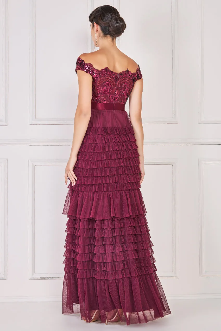 Goddiva Sequin Embroidered Scallop Bardot Tiered Ruffles Maxi Dress