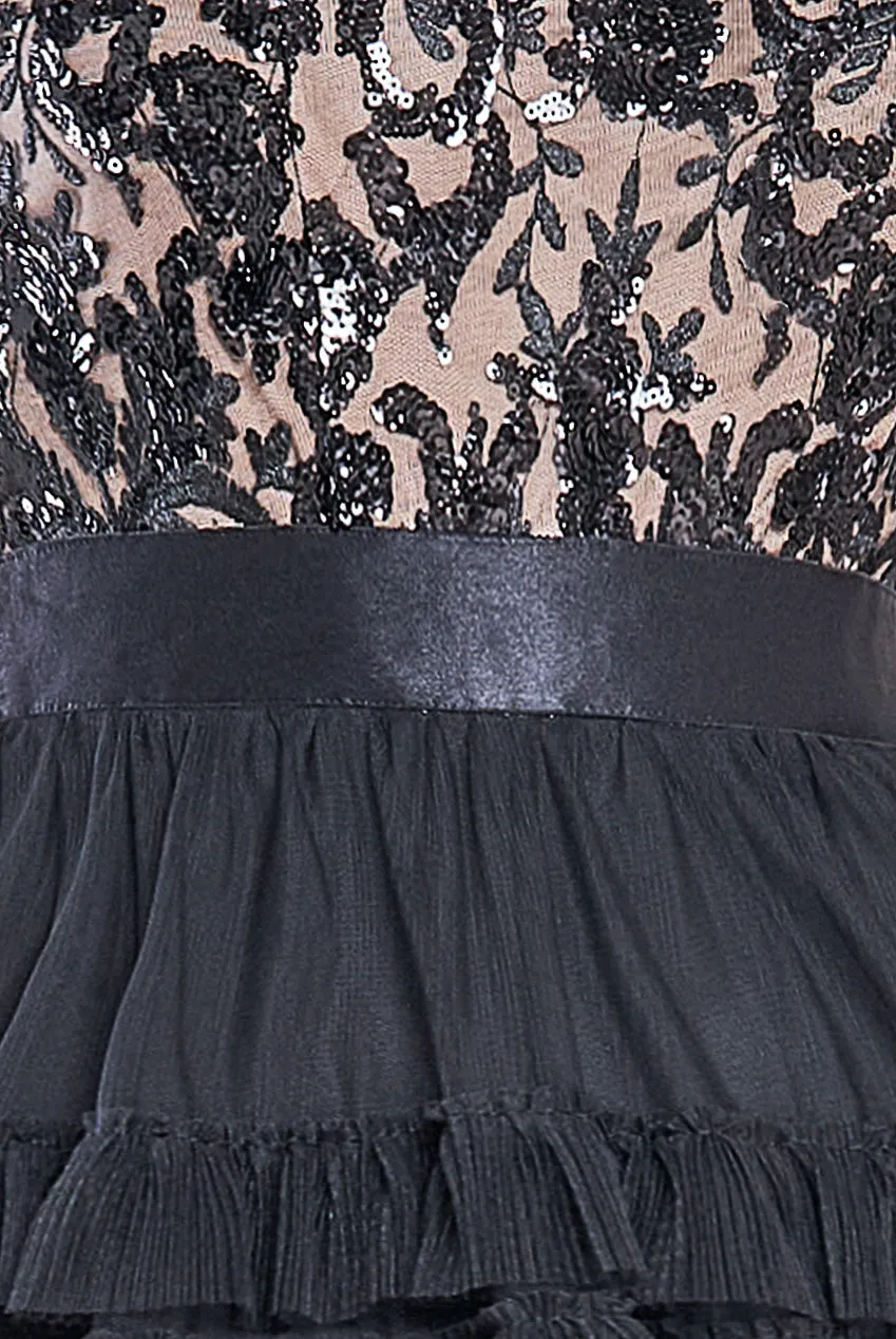 Goddiva Sequin Embroidered Scallop Bardot Tiered Ruffles Maxi Dress