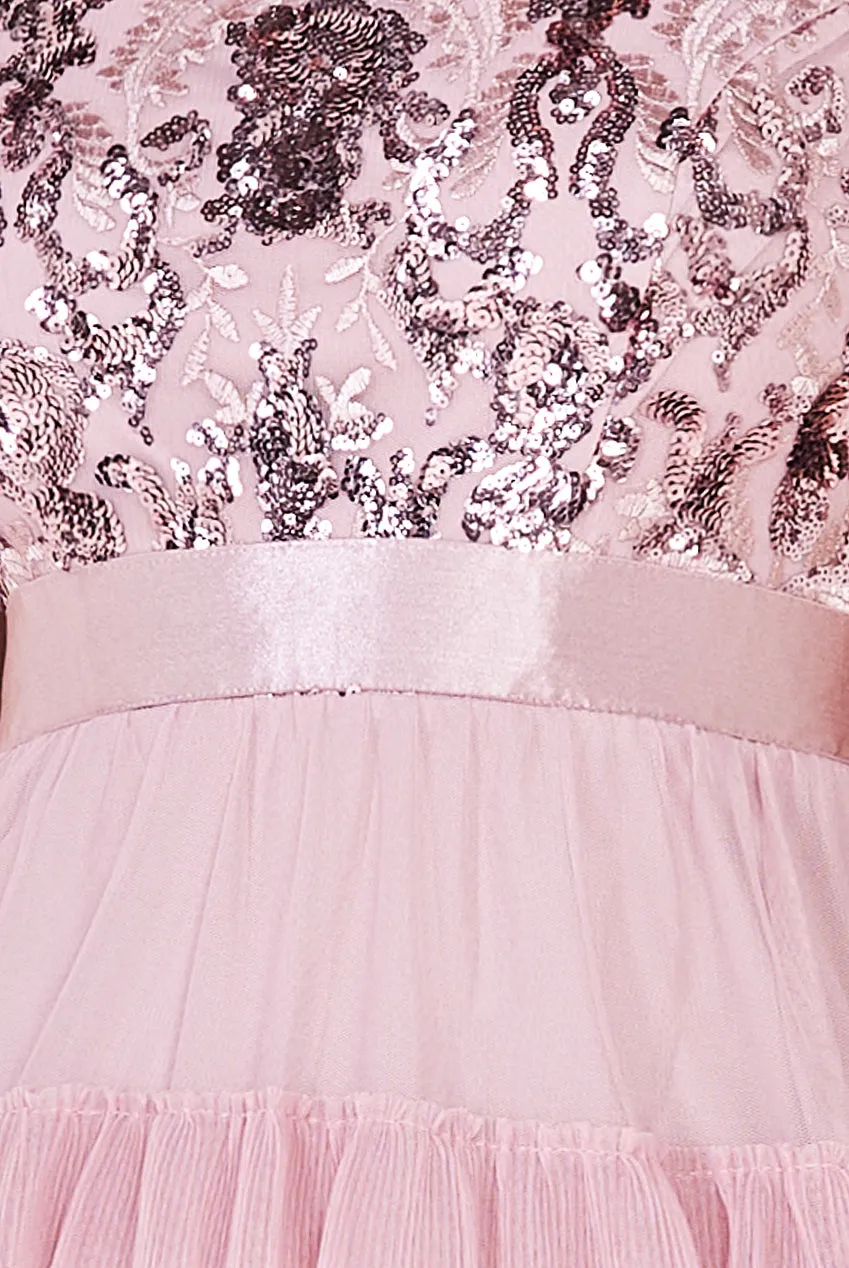 Goddiva Sequin Embroidered Scallop Bardot Tiered Ruffles Maxi Dress