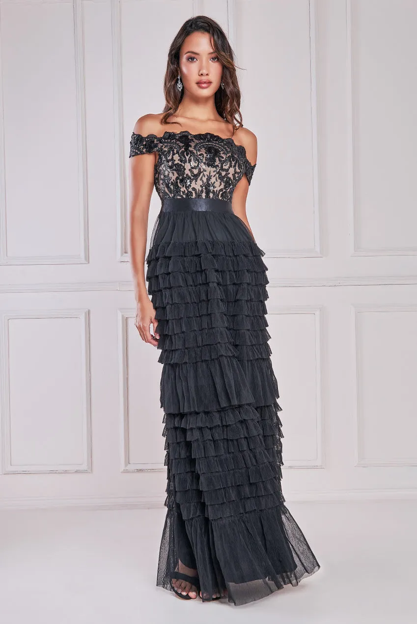 Goddiva Sequin Embroidered Scallop Bardot Tiered Ruffles Maxi Dress