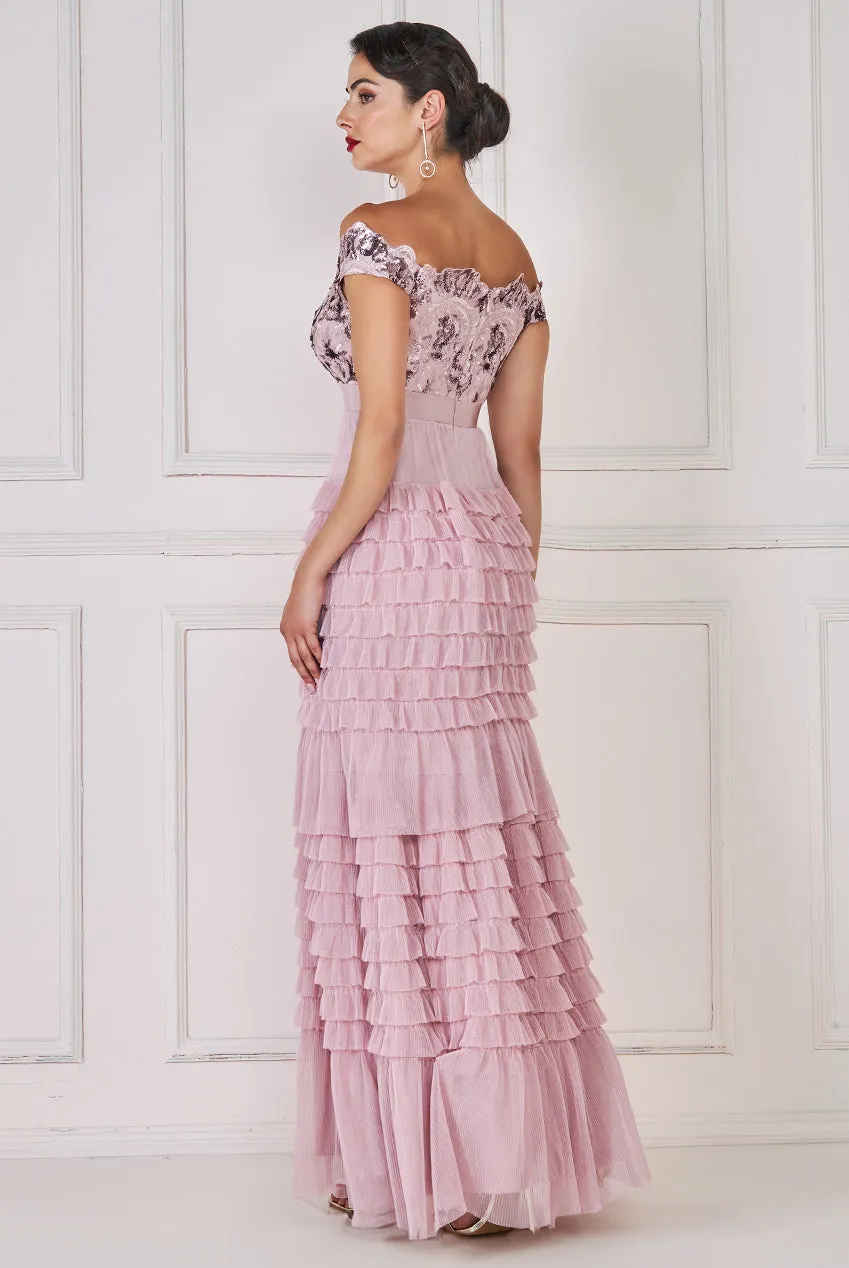 Goddiva Sequin Embroidered Scallop Bardot Tiered Ruffles Maxi Dress