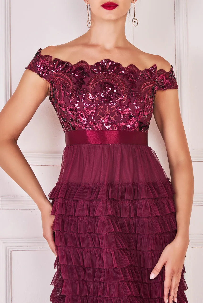 Goddiva Sequin Embroidered Scallop Bardot Tiered Ruffles Maxi Dress