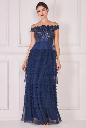 Goddiva Sequin Embroidered Scallop Bardot Tiered Ruffles Maxi Dress