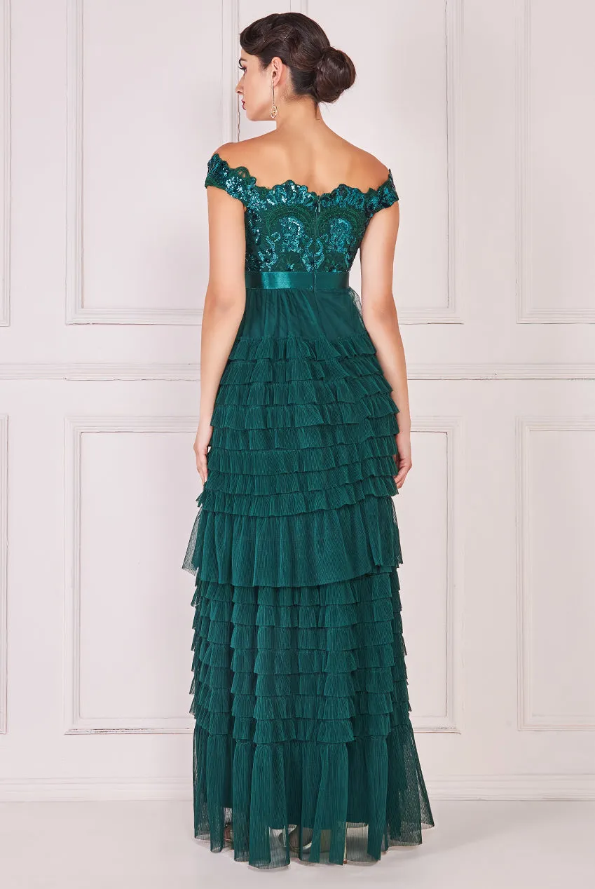 Goddiva Sequin Embroidered Scallop Bardot Tiered Ruffles Maxi Dress