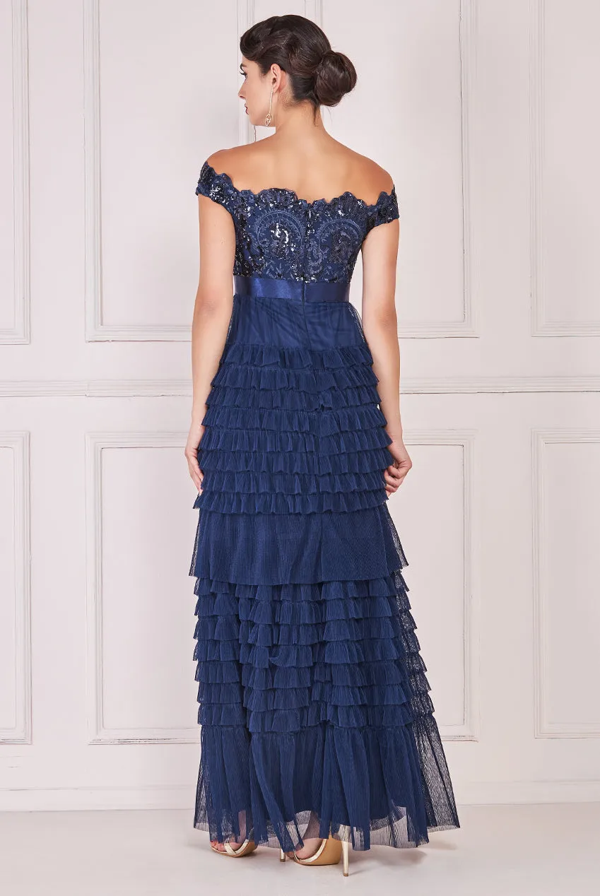 Goddiva Sequin Embroidered Scallop Bardot Tiered Ruffles Maxi Dress