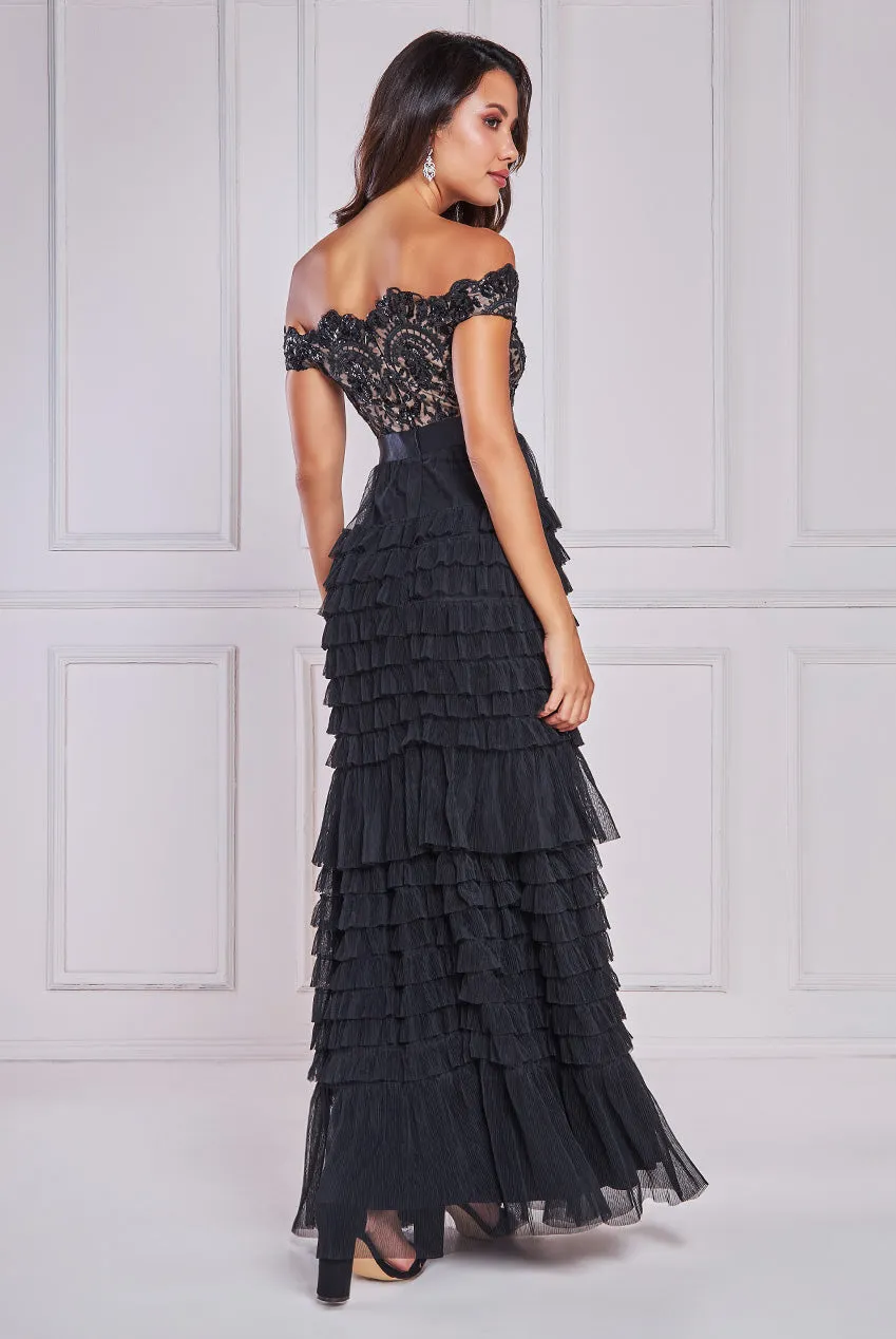 Goddiva Sequin Embroidered Scallop Bardot Tiered Ruffles Maxi Dress