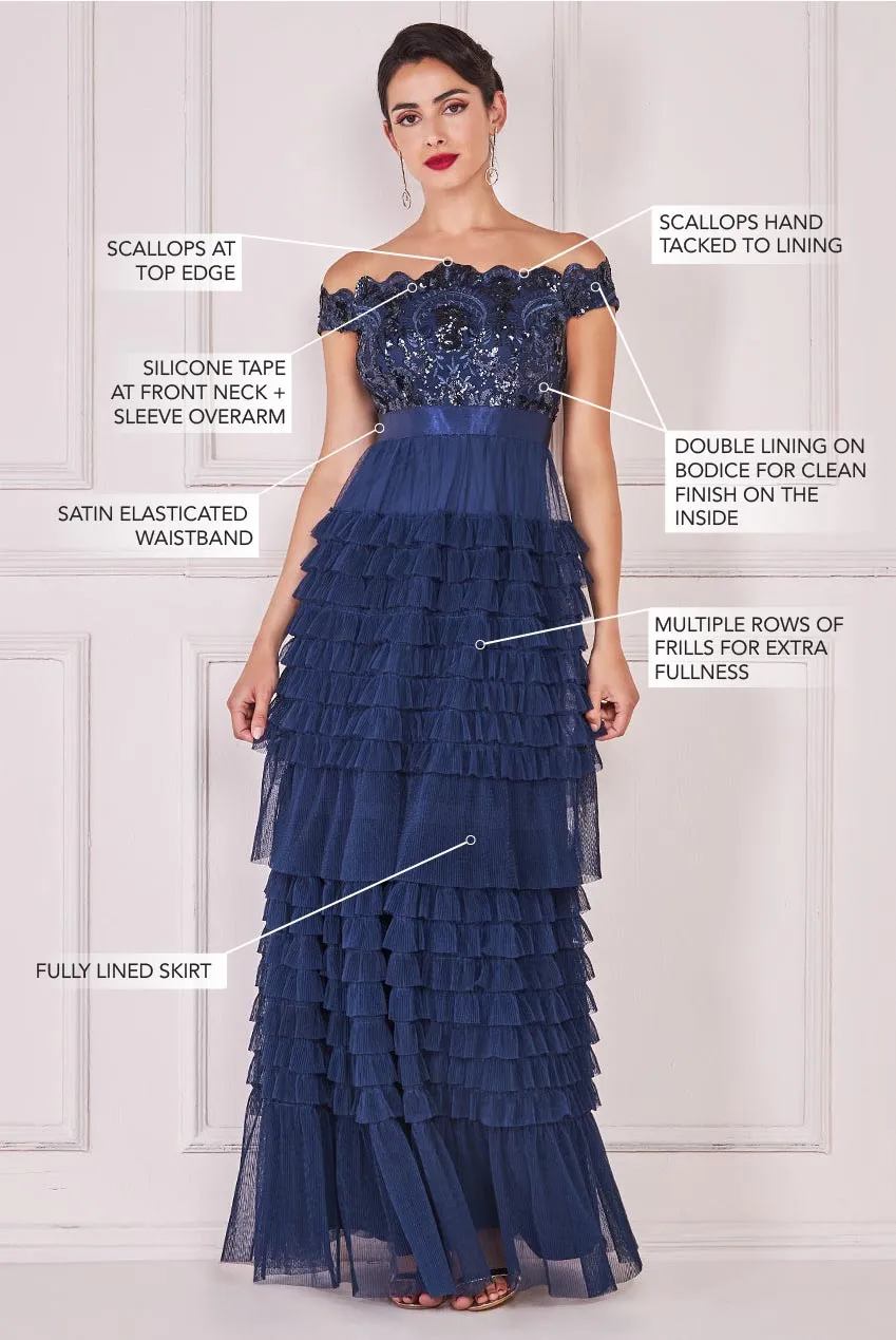 Goddiva Sequin Embroidered Scallop Bardot Tiered Ruffles Maxi Dress
