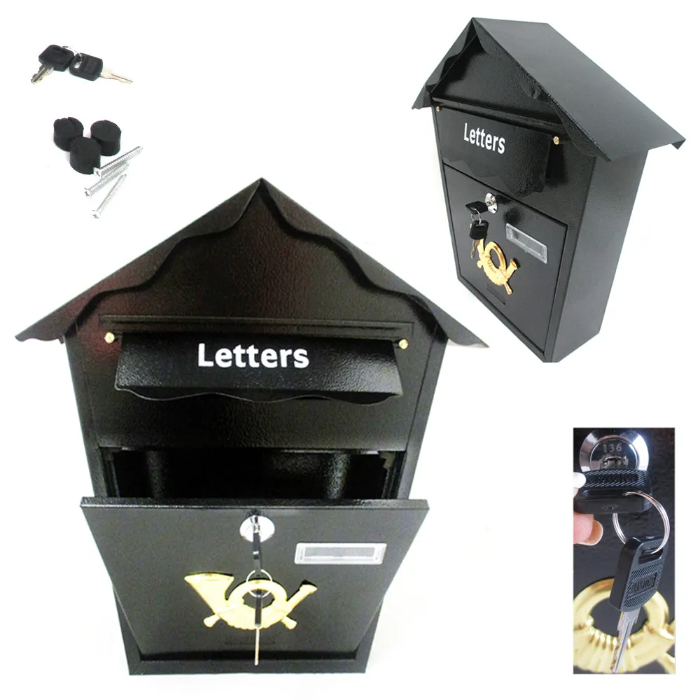Heavy Duty Steel Black Mailbox Modern Vertical Wall Mount Lockable w/ Spare Keys