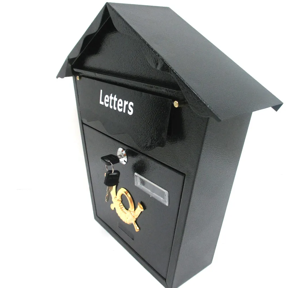 Heavy Duty Steel Black Mailbox Modern Vertical Wall Mount Lockable w/ Spare Keys
