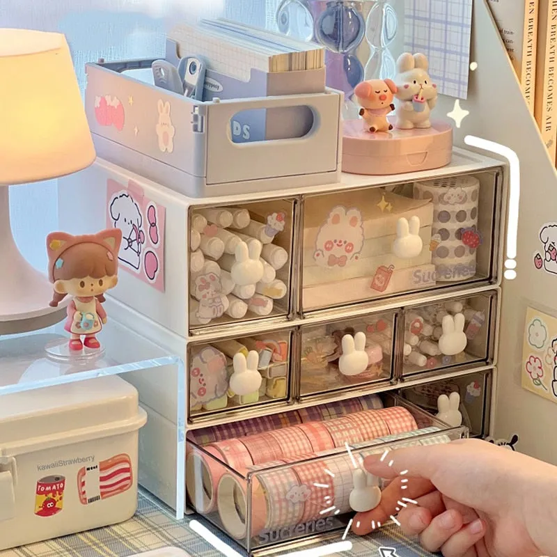 Kawaii Desk Organizer Drawer With Sticker Cute Plastic Clear Organizing Boxes Stationery Storage Box Container For  Home School