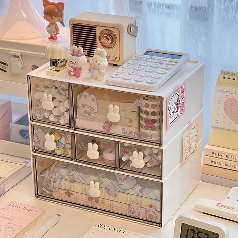 Kawaii Desk Organizer Drawer With Sticker Cute Plastic Clear Organizing Boxes Stationery Storage Box Container For  Home School