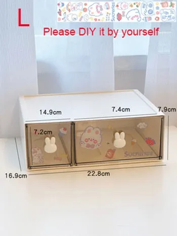 Kawaii Desk Organizer Drawer With Sticker Cute Plastic Clear Organizing Boxes Stationery Storage Box Container For  Home School