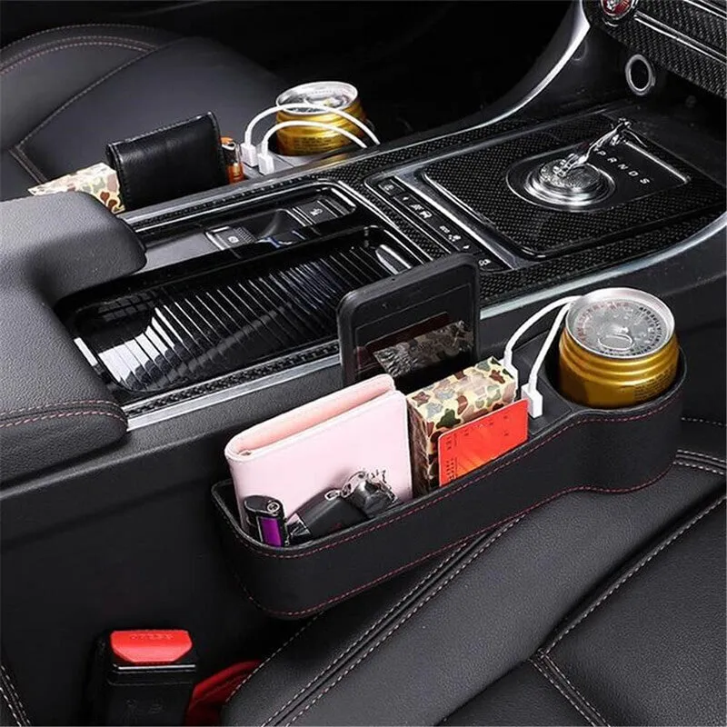 Leather Car Seat Gap Organizer with 2 USB Chargers Cigarette Lighter Cup Holder
