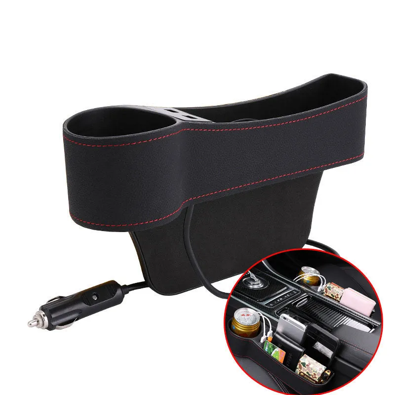 Leather Car Seat Gap Organizer with 2 USB Chargers Cigarette Lighter Cup Holder