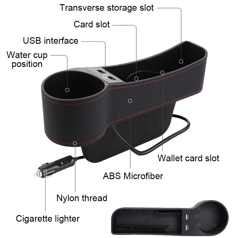 Leather Car Seat Gap Organizer with 2 USB Chargers Cigarette Lighter Cup Holder