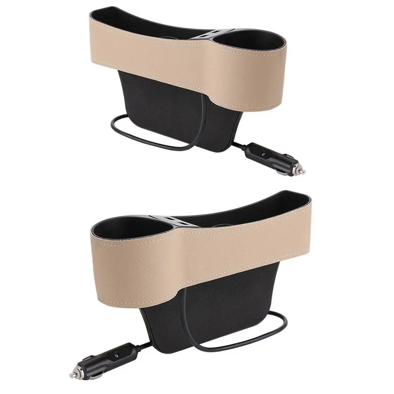 Leather Car Seat Gap Organizer with 2 USB Chargers Cigarette Lighter Cup Holder