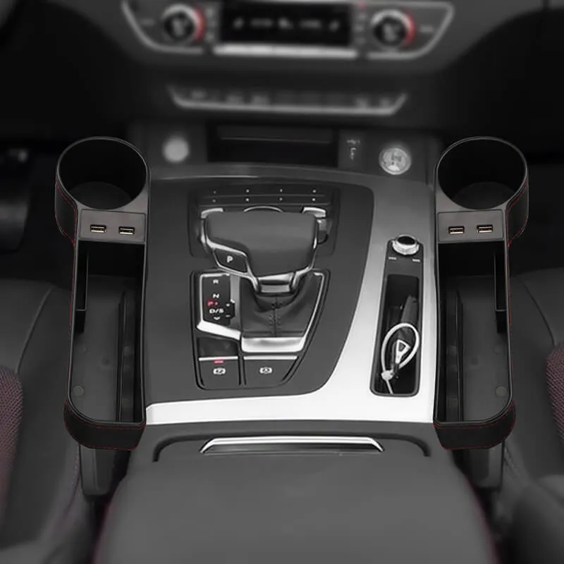 Leather Car Seat Gap Organizer with 2 USB Chargers Cigarette Lighter Cup Holder