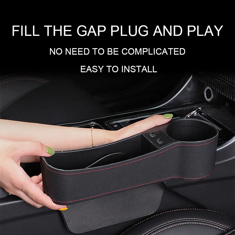 Leather Car Seat Gap Organizer with 2 USB Chargers Cigarette Lighter Cup Holder