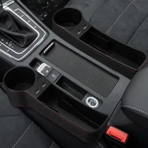 Leather Car Seat Gap Organizer with 2 USB Chargers Cigarette Lighter Cup Holder