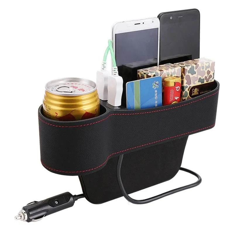Leather Car Seat Gap Organizer with 2 USB Chargers Cigarette Lighter Cup Holder