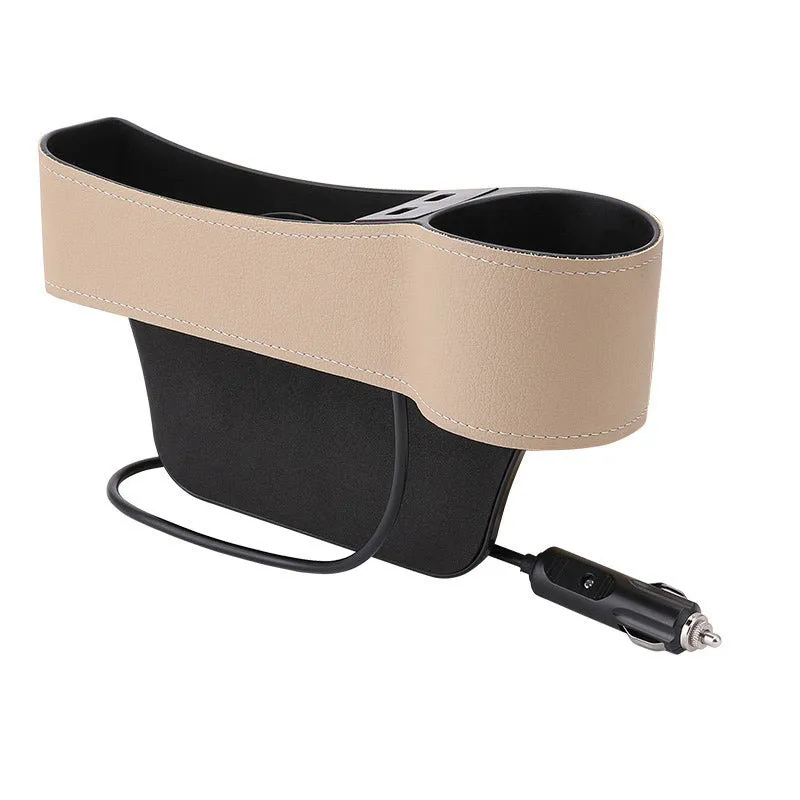 Leather Car Seat Gap Organizer with 2 USB Chargers Cigarette Lighter Cup Holder