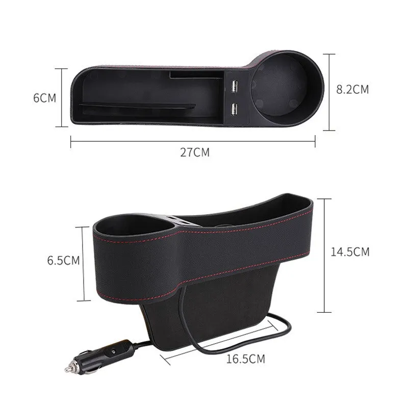 Leather Car Seat Gap Organizer with 2 USB Chargers Cigarette Lighter Cup Holder