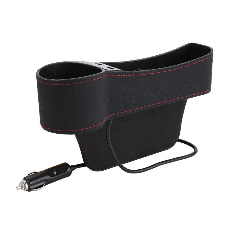 Leather Car Seat Gap Organizer with 2 USB Chargers Cigarette Lighter Cup Holder