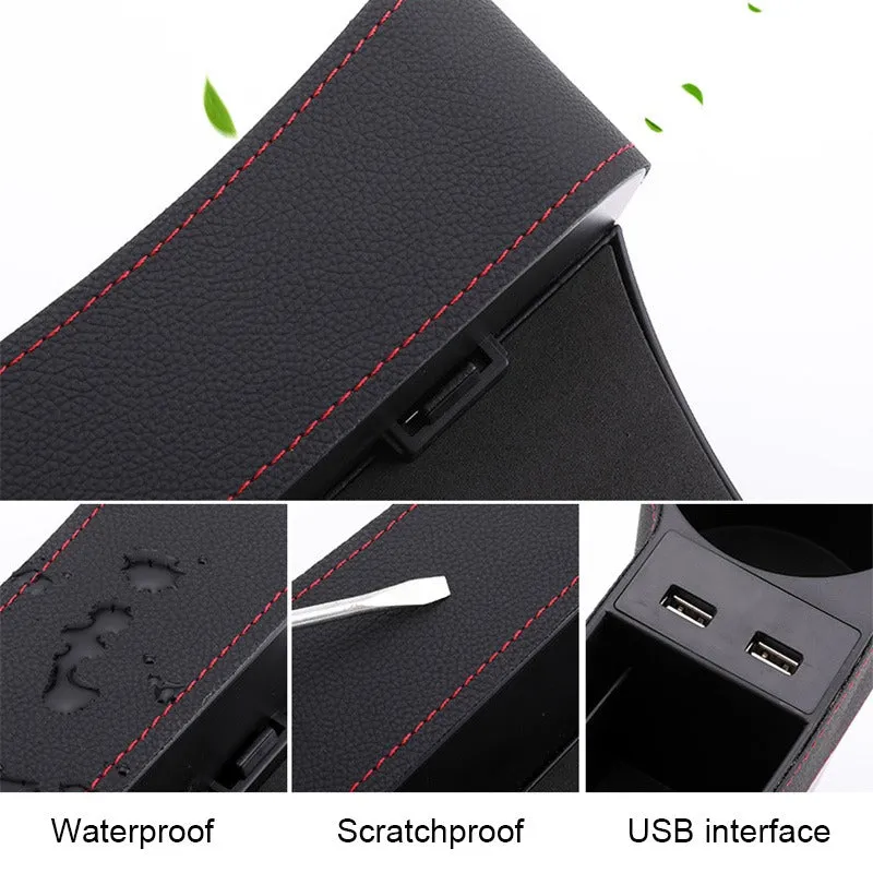 Leather Car Seat Gap Organizer with 2 USB Chargers Cigarette Lighter Cup Holder
