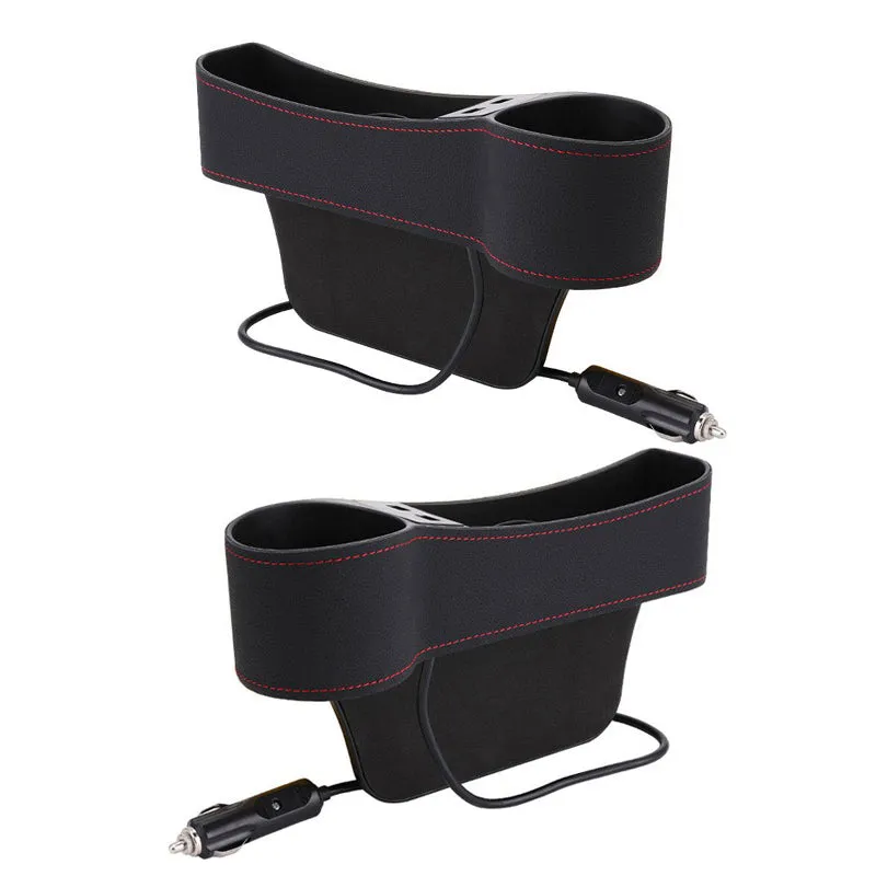 Leather Car Seat Gap Organizer with 2 USB Chargers Cigarette Lighter Cup Holder