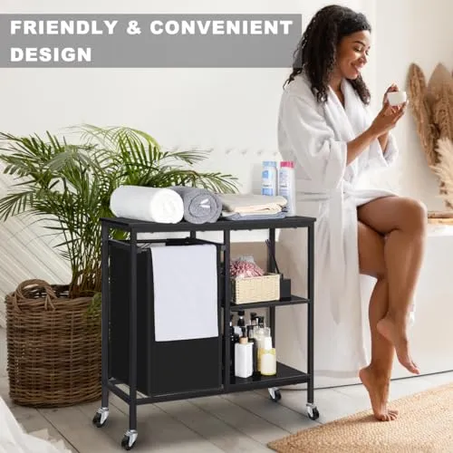 melos Laundry Hamper, Laundry Sorter with Three Shelf, Pull-Out Laundry Basket with Shelf, Laundry Basket Organizer Section with Removable Laundry Bags for Clothes, for Laundry Room,Black