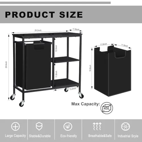 melos Laundry Hamper, Laundry Sorter with Three Shelf, Pull-Out Laundry Basket with Shelf, Laundry Basket Organizer Section with Removable Laundry Bags for Clothes, for Laundry Room,Black
