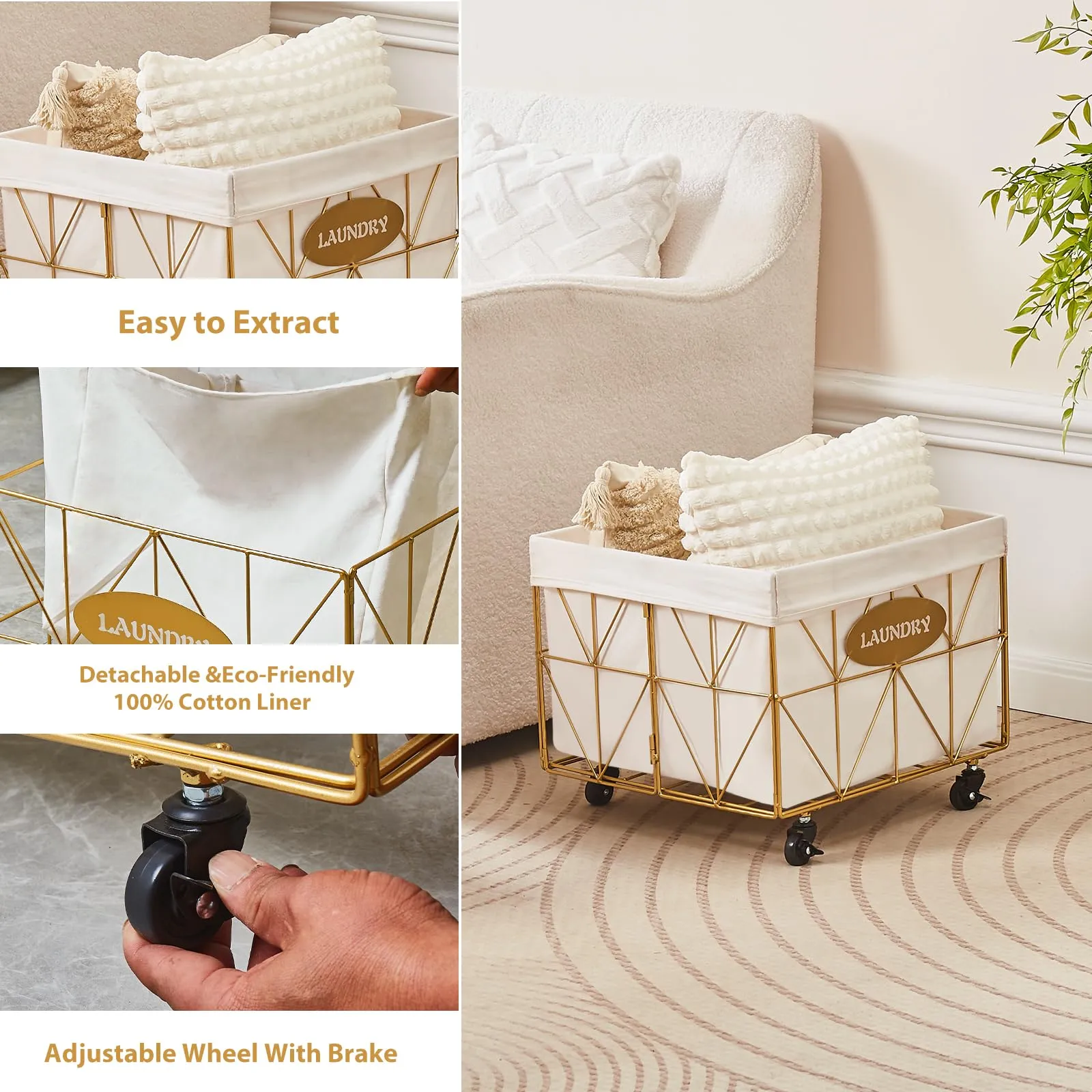 Mxfurhawa Collapsible Laundry Hamper with Wheels, 65L Capacity and Removable Liner, Sturdy Metal Frame for Clothes Storage and Transport - Convenient Laundry Basket for Home Use (Gold)