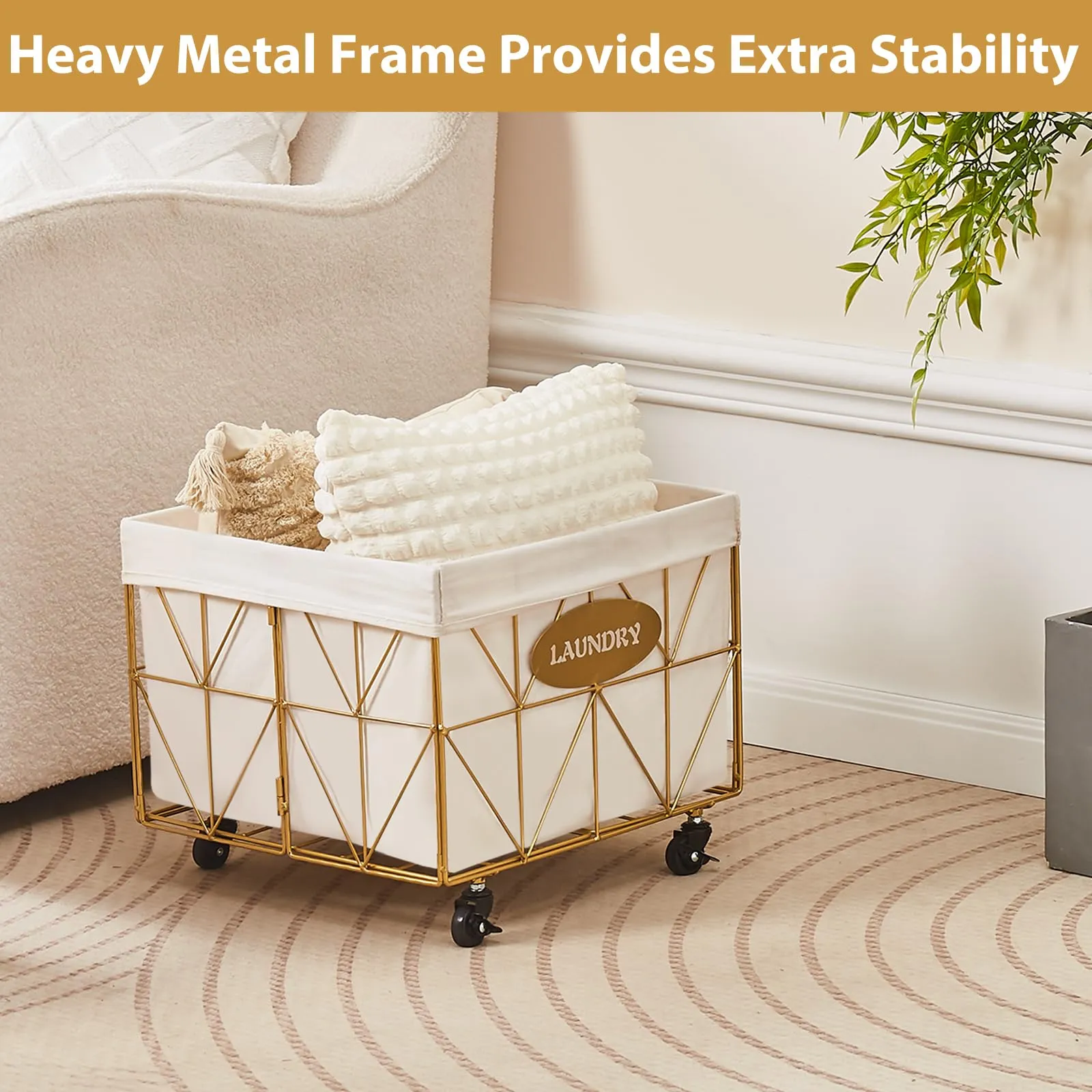 Mxfurhawa Collapsible Laundry Hamper with Wheels, 65L Capacity and Removable Liner, Sturdy Metal Frame for Clothes Storage and Transport - Convenient Laundry Basket for Home Use (Gold)