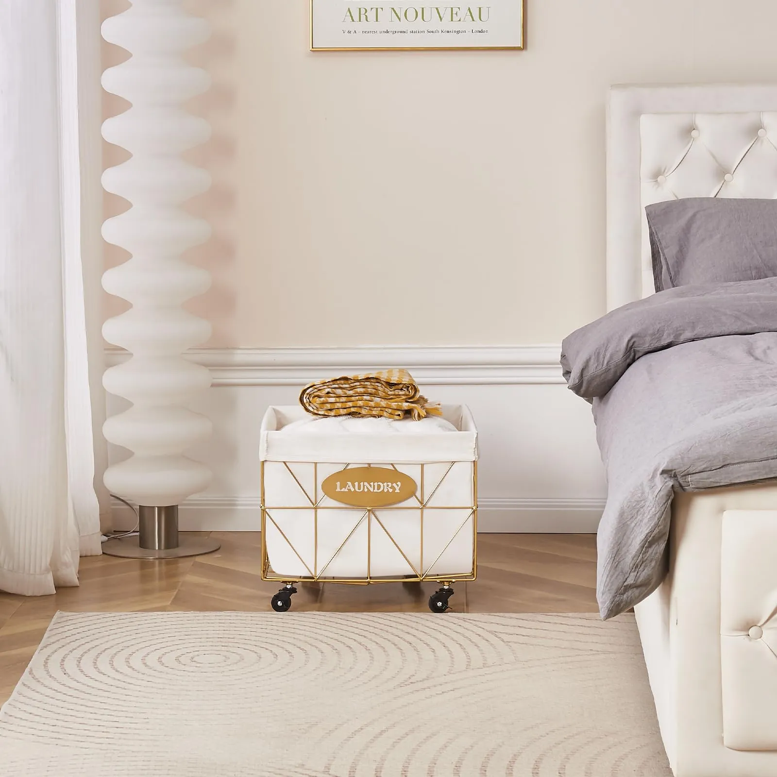 Mxfurhawa Collapsible Laundry Hamper with Wheels, 65L Capacity and Removable Liner, Sturdy Metal Frame for Clothes Storage and Transport - Convenient Laundry Basket for Home Use (Gold)