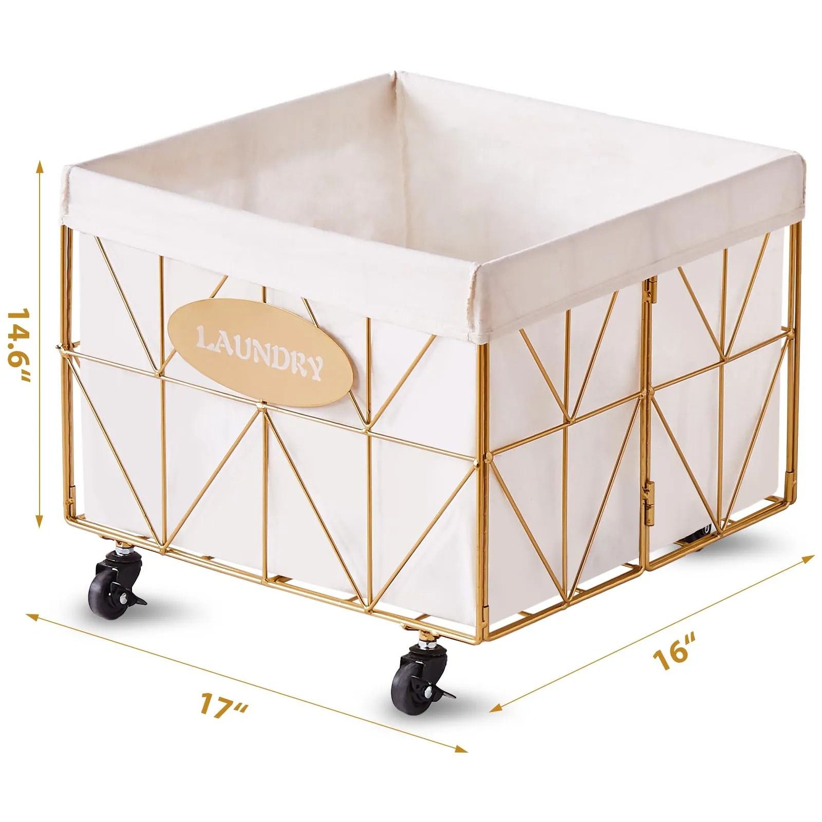 Mxfurhawa Collapsible Laundry Hamper with Wheels, 65L Capacity and Removable Liner, Sturdy Metal Frame for Clothes Storage and Transport - Convenient Laundry Basket for Home Use (Gold)